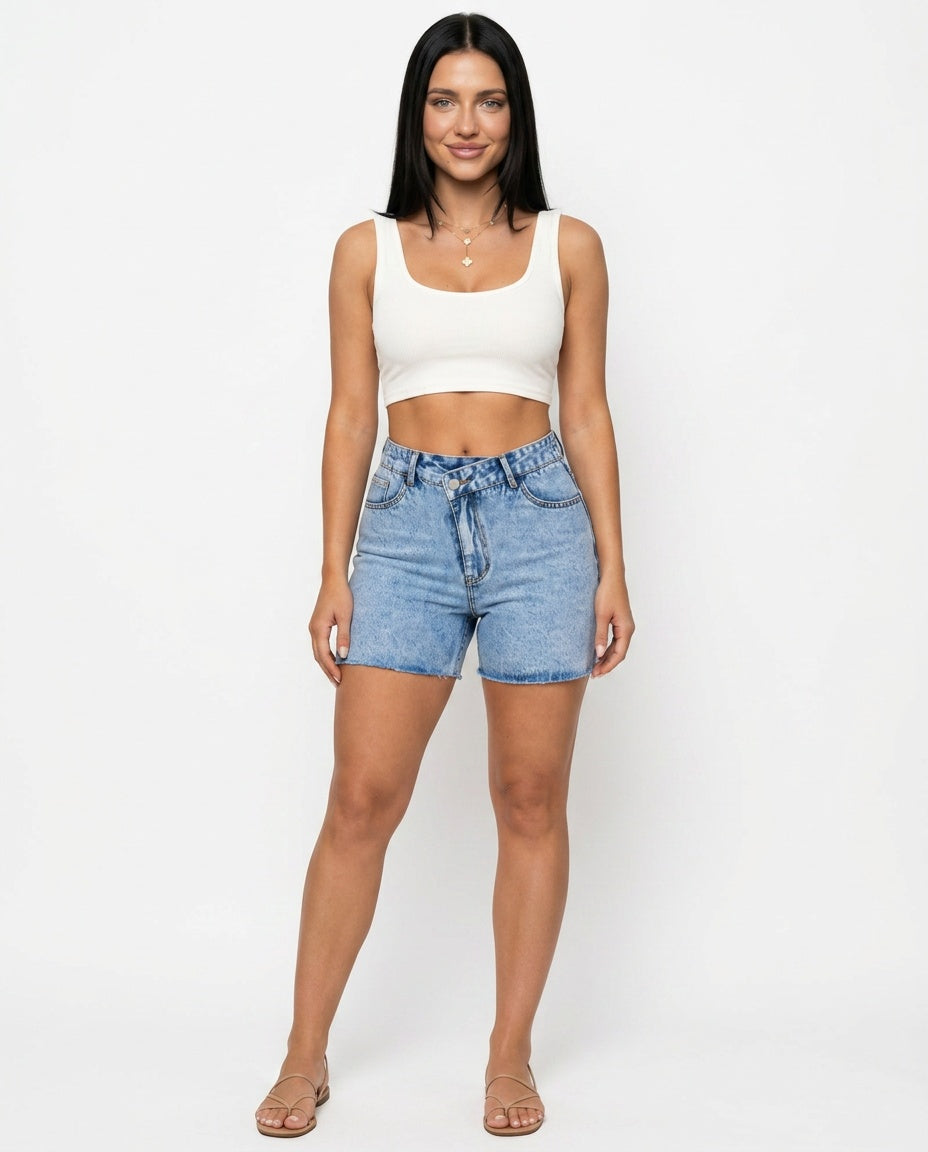 Lieke | Mid-Rise Straight Leg Denim Shorts