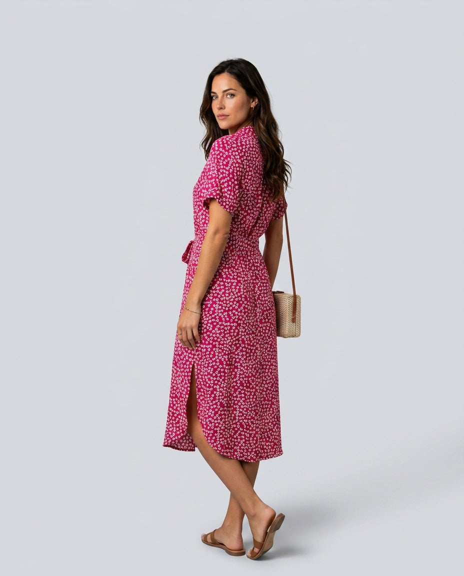 Flora | Floral Print Tie-Belt Midi Dress