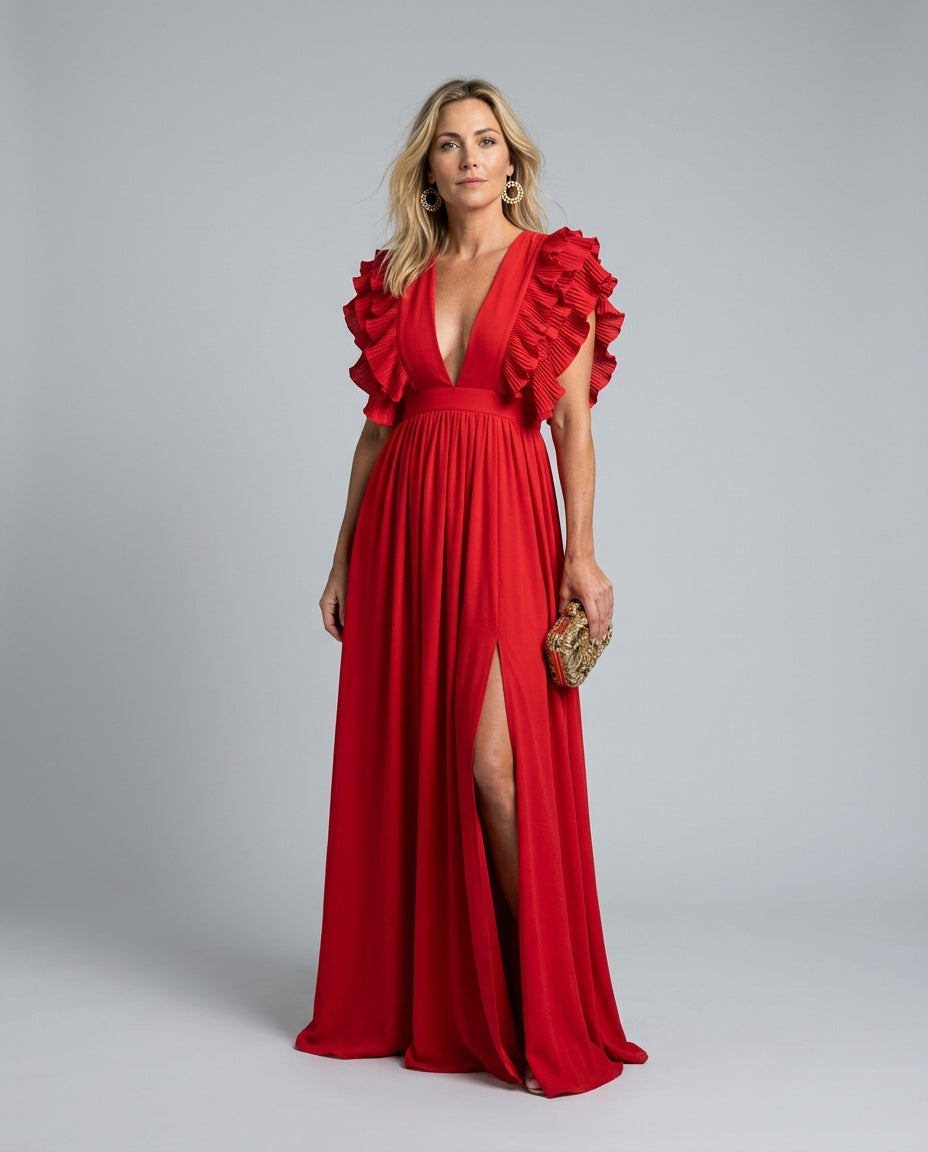 Tessa | Ruffled Sleeve & Neckline Maxi Dress
