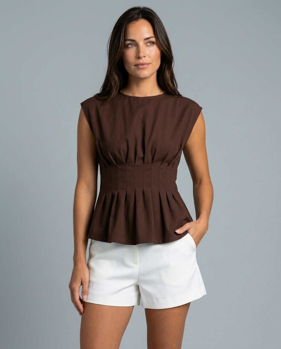Xenia | Pleated Waist Crew Neck Cap Sleeve Top