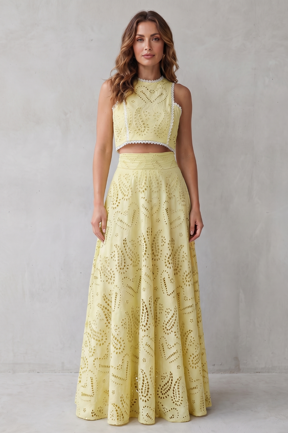 Parivelle | Embroidered Lace Sleeveless Midi Skirt Set