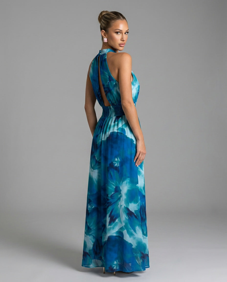 Blair | Gathered Waist Abstract Print Midi Dress
