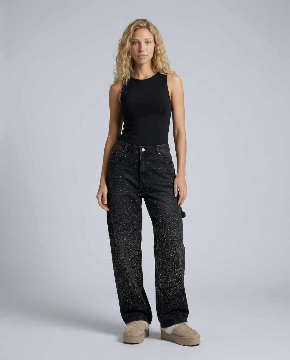 Dazzle | Rhinestone Wide-Leg Denim Trousers
