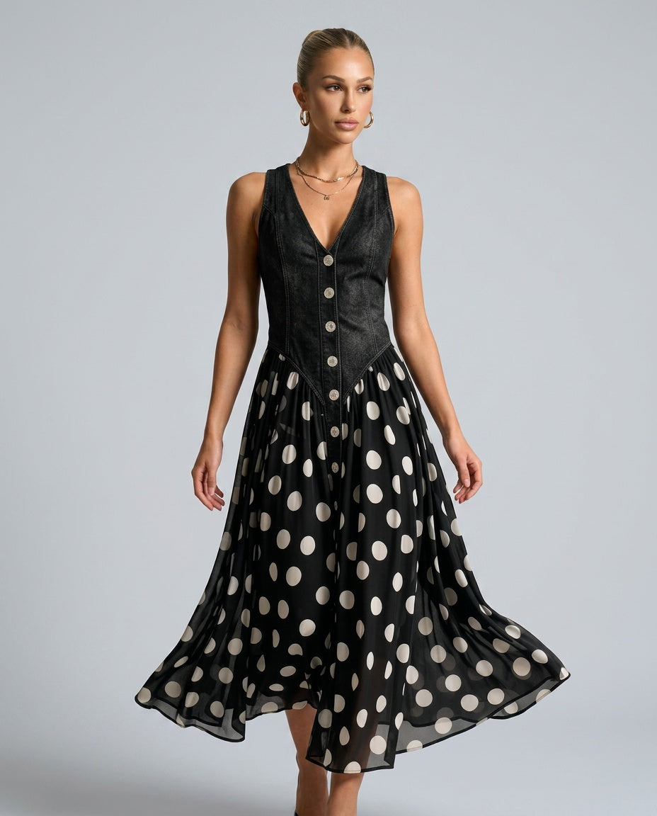 Noelia | Denim Bodice Polka Dot Midi Dress