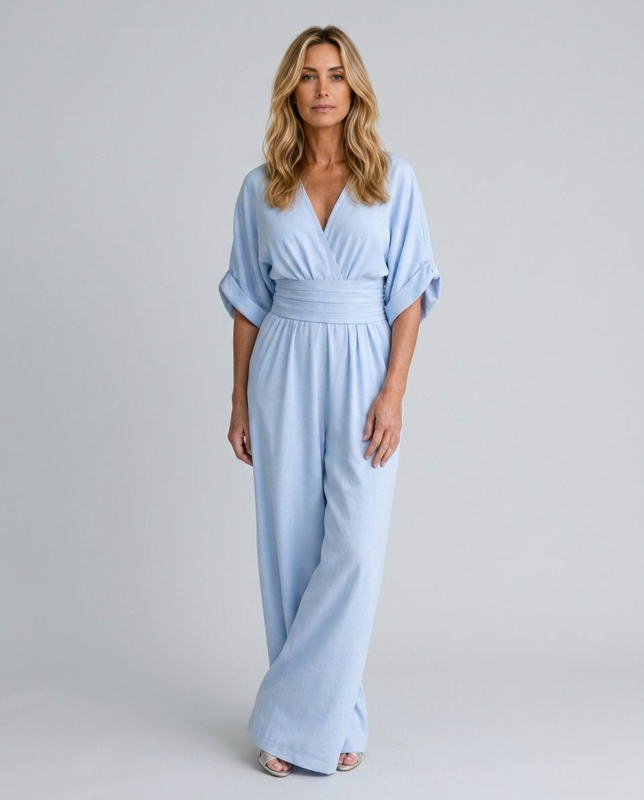 Elin | Draped V-Neck Wide Leg Relaxed Jumpsuit