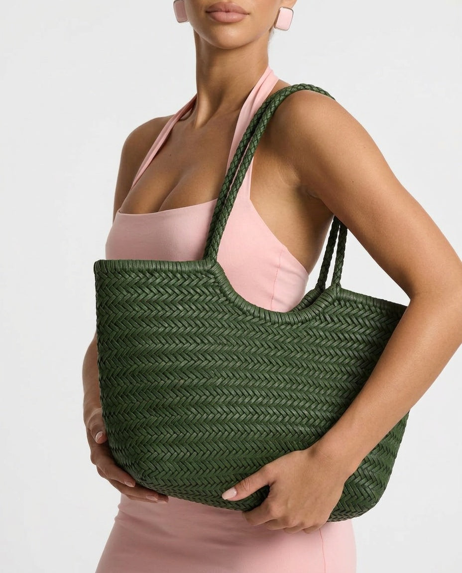 Hand-Woven Vegan Leather Tote Bag with Shoulder Strap