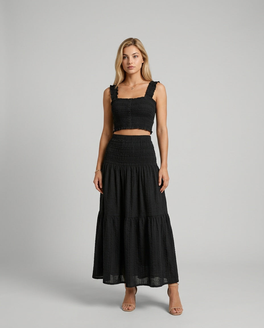 Lyra | Shirred Crop Top & Tiered Maxi Skirt Co-ord Set
