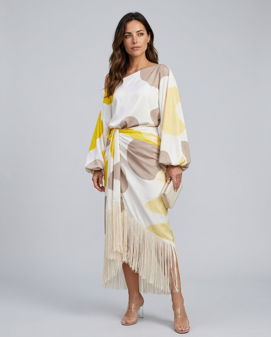 Koda | Abstract Print Fringe Hem Midi Dress