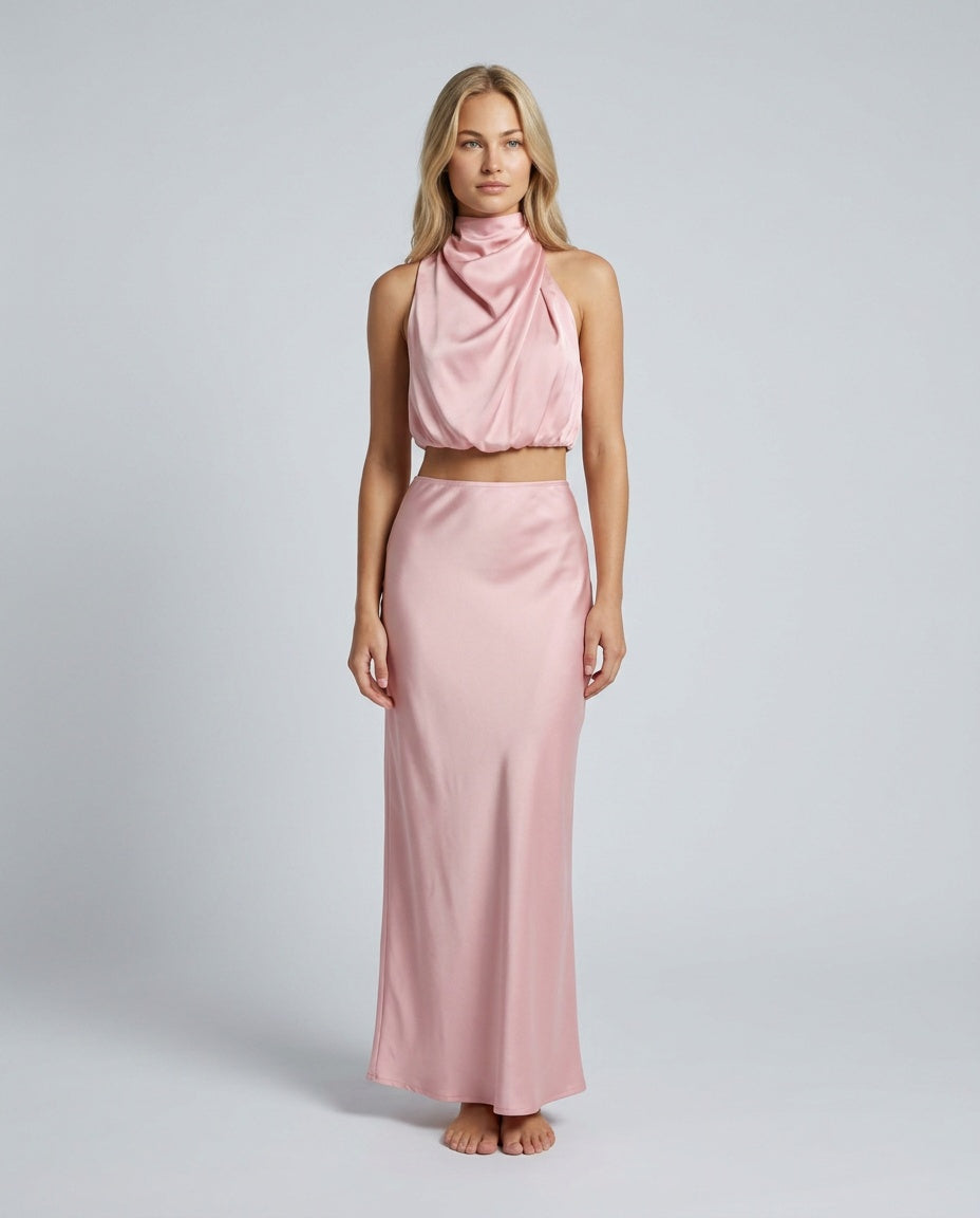 Cora | Halter Crop Top & High Waist Midi Skirt Set