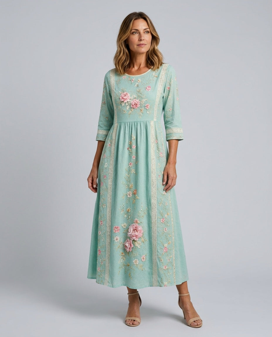 Giselle | A-Line Rose Applique Maxi Dress with Pockets
