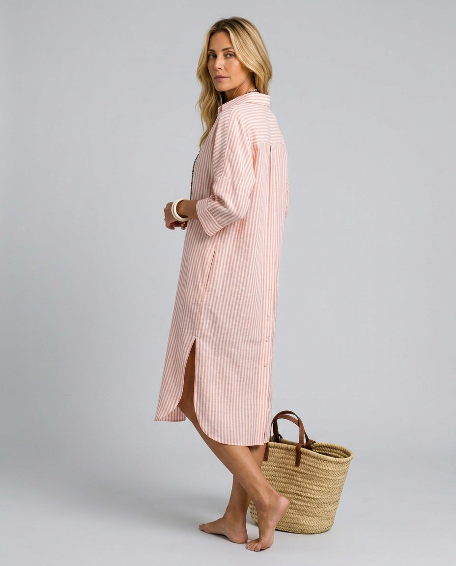 Josie | Striped Linen-Blend Shirt Collar Midi Dress