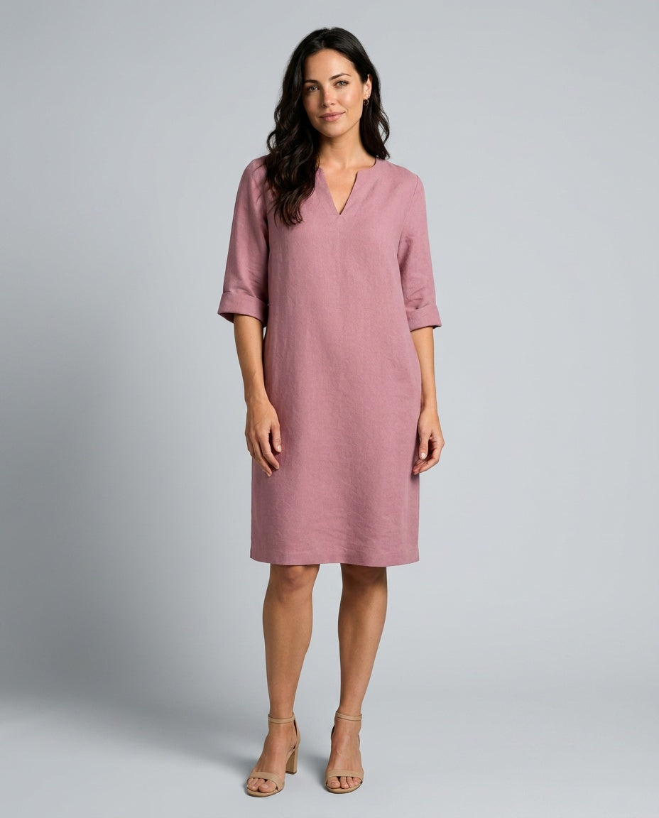 Celeste | V-Neck 3/4 Sleeve Linen-Look Midi Dress