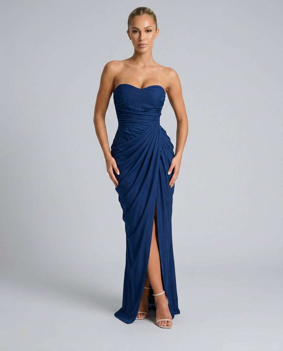 Everly | Strapless Draped Split Maxi Dress