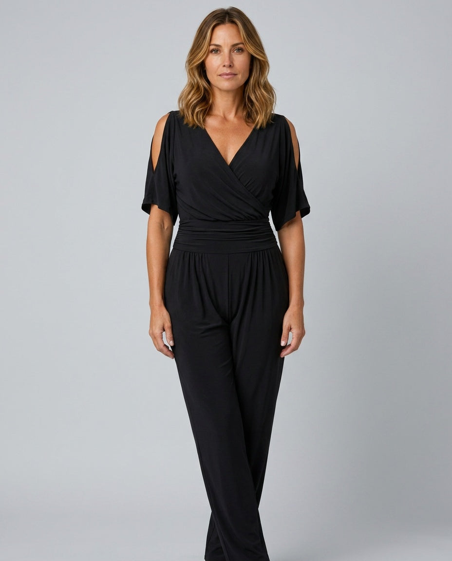 Una | Cold Shoulder Wrap Waist Relaxed Jumpsuit