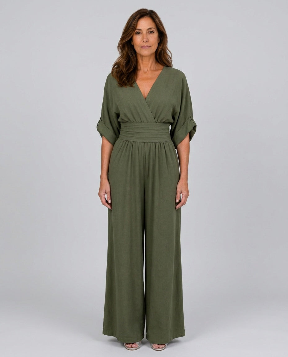 Elin | Draped V-Neck Wide Leg Relaxed Jumpsuit