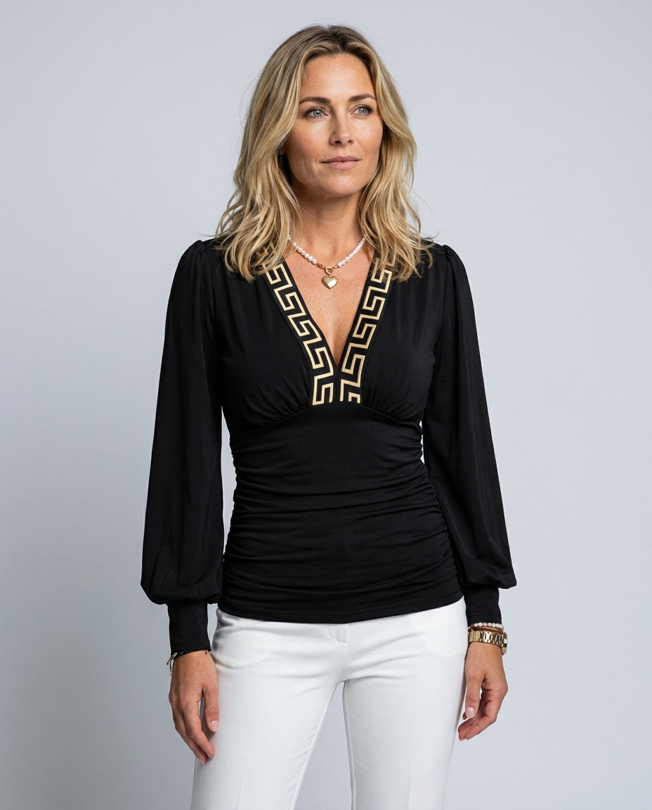 Alejandra | Deep V-Neck Ruched Long Sleeve Blouse