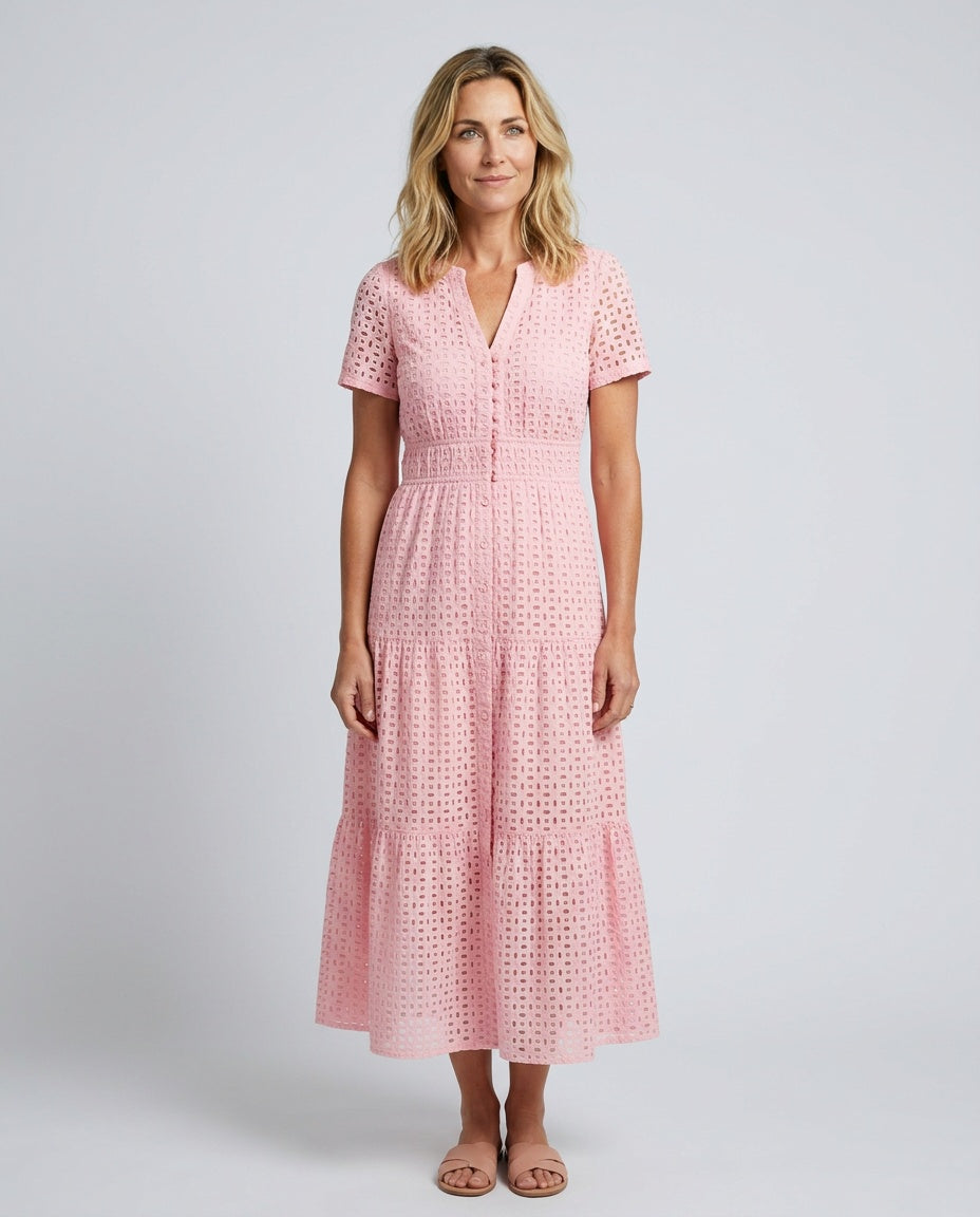 Tessa | Short Sleeve Eyelet Tiered Midi Dress