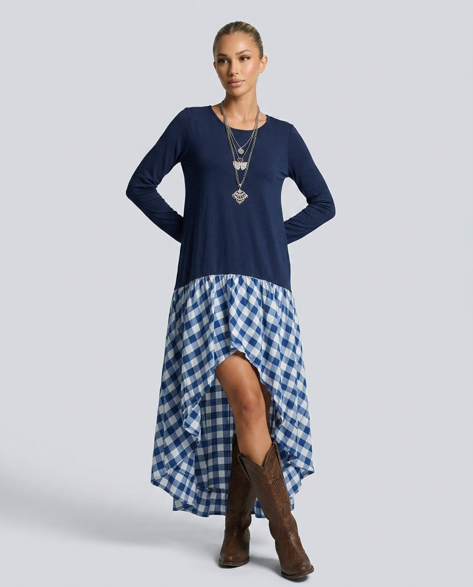 Reva | Gathered Gingham Asymmetric Maxi Dress