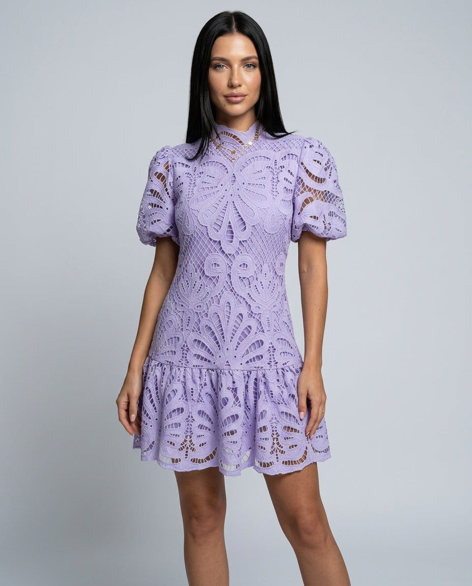Ottilie | High Neck Puff Sleeve Lace Mini Dress