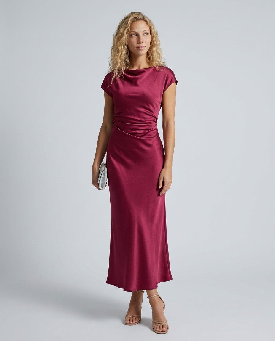Nora | Short Sleeve Boat Neck Fitted Midi Dress