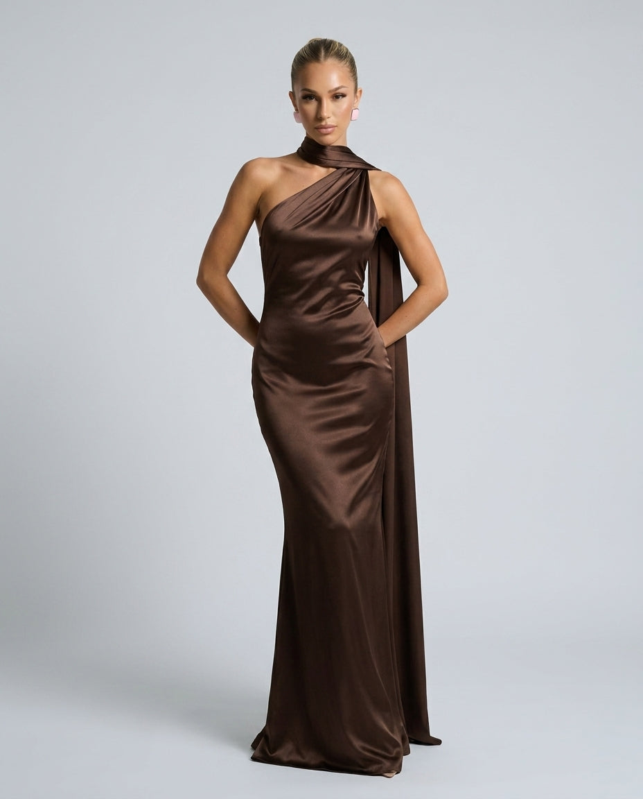 Savannah | One-Shoulder Scarf Detail Satin-Look Maxi Dress