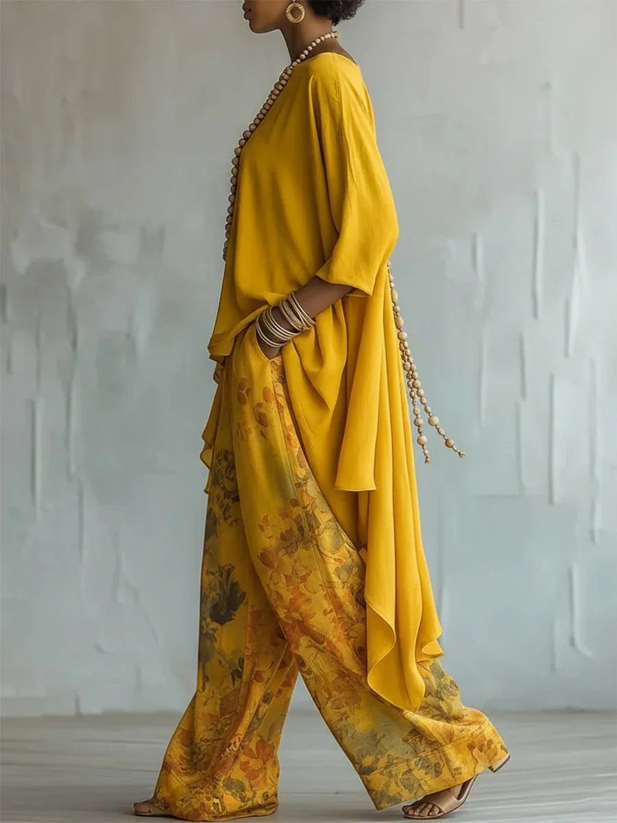 Belen | Printed Asymmetric Top & Wide-Leg Trousers Set