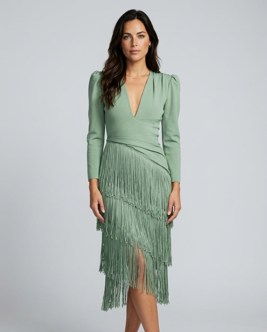 Brigitte | Fringe V-Neck Long Sleeve Midi Dress