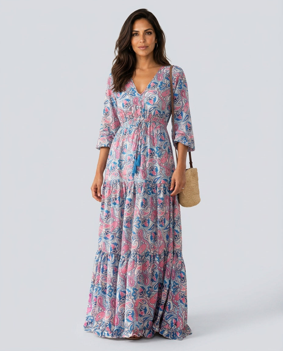 Nina | Long Sleeve V-Neck Bohemian Maxi Dress