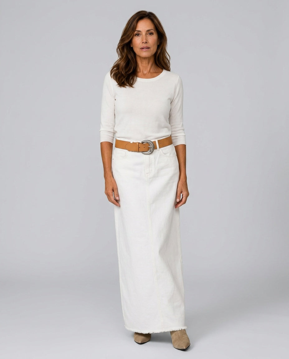 Hazel | High Waist Five Pocket Denim Maxi Skirt
