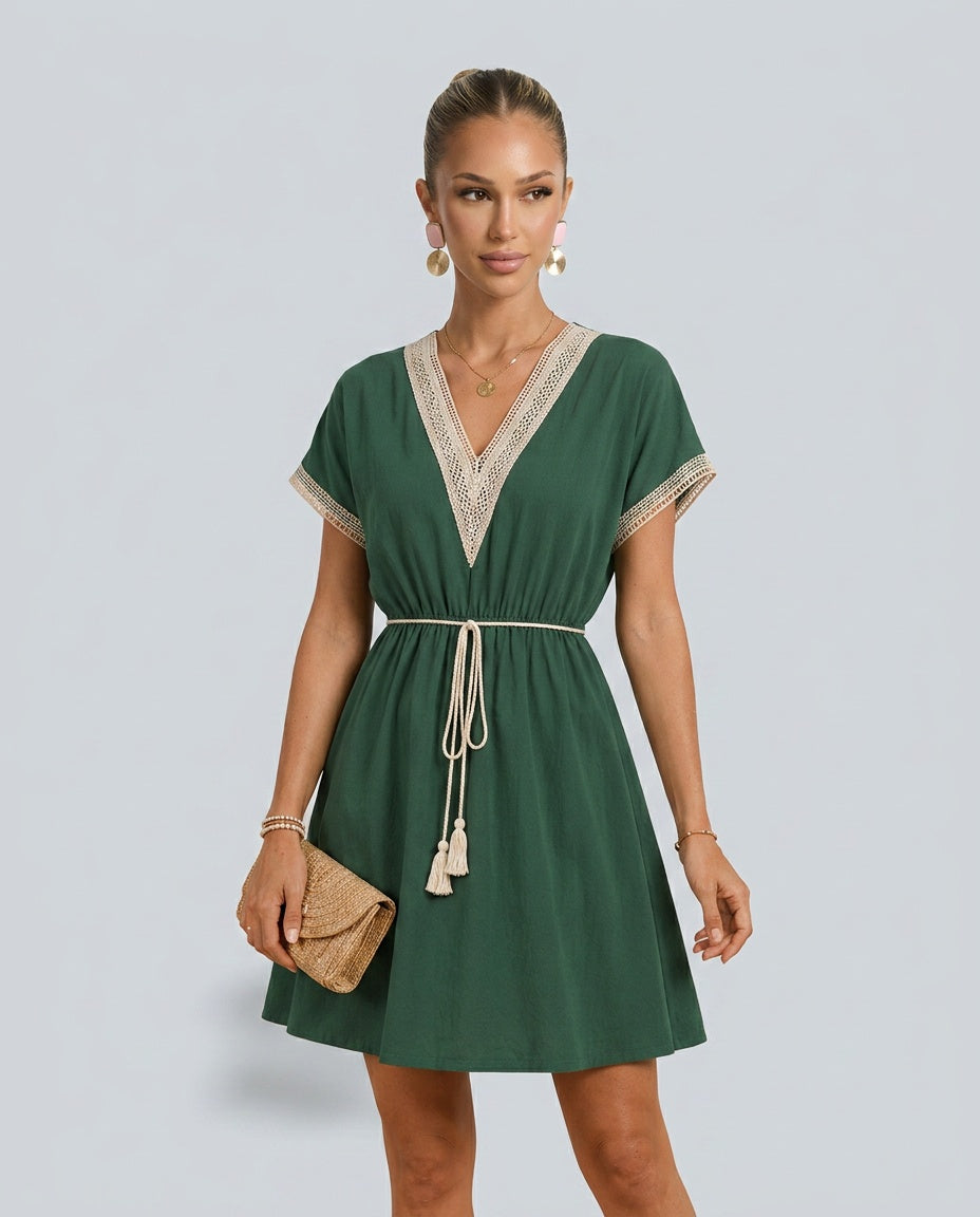 Winnie | Crochet Trim Drawstring Boho Mini Dress