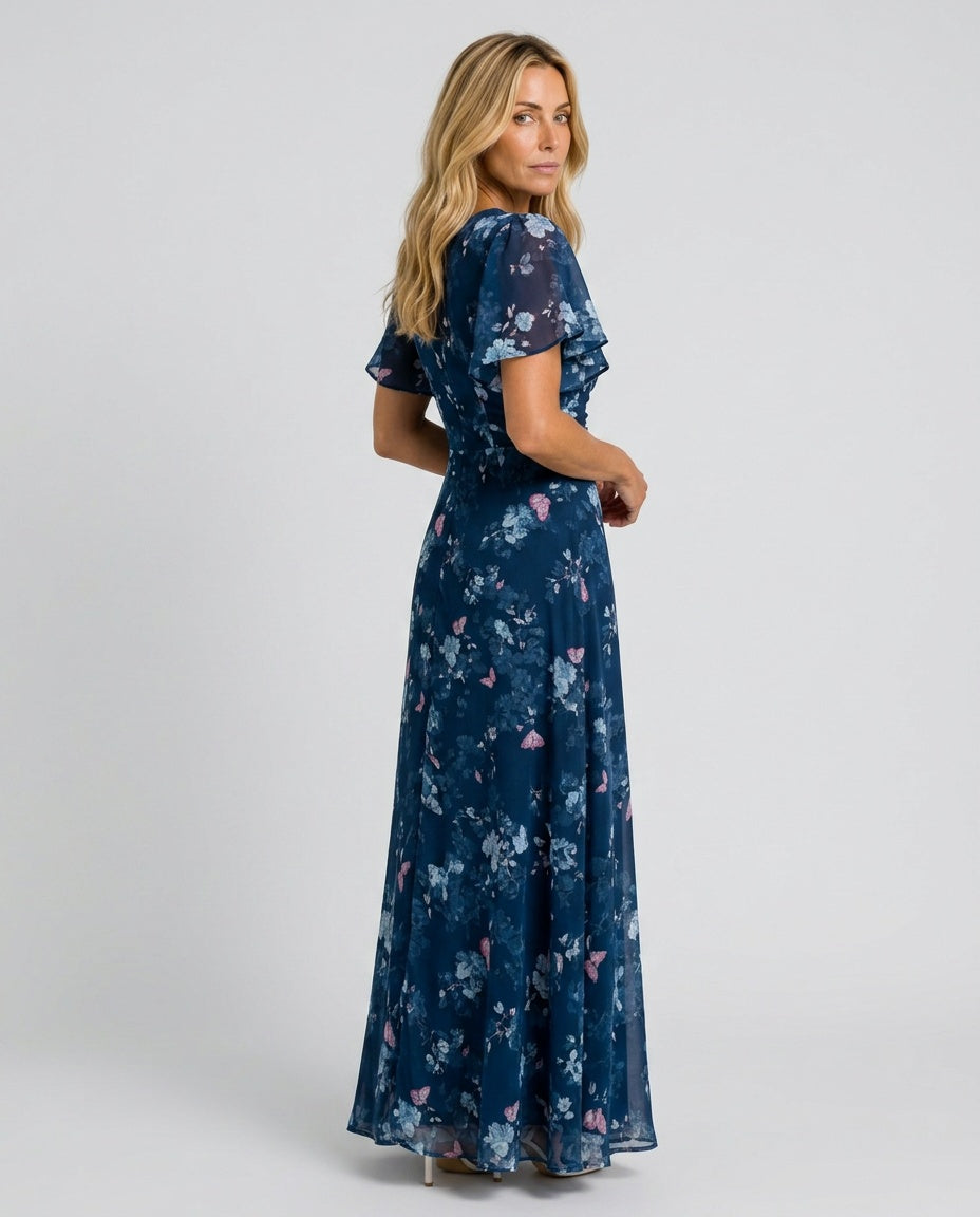 Una | Floral Flutter Sleeve A-Line Maxi Dress