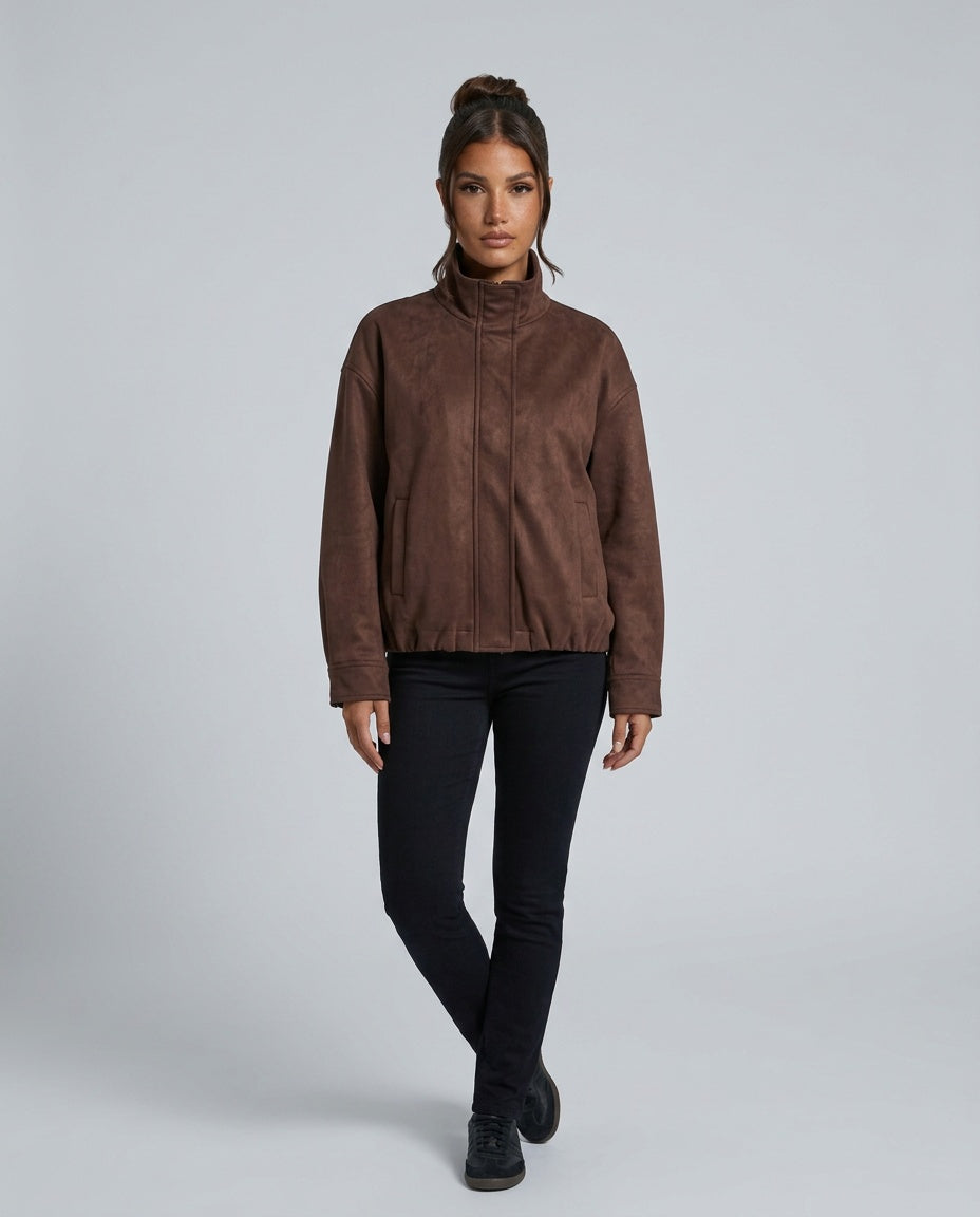 Dune | High Neck Zip Front Faux Suede Bomber Jacket