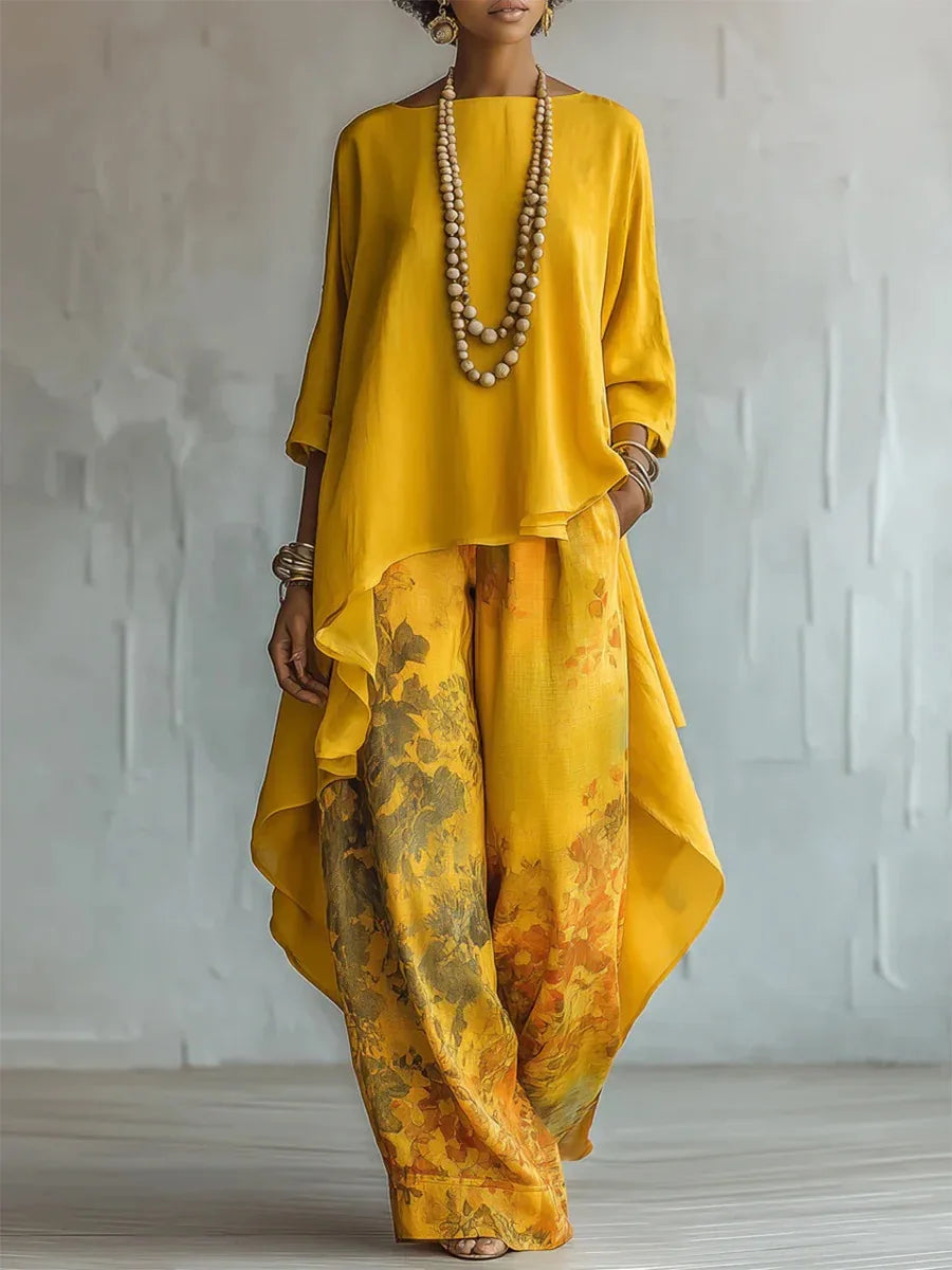 Belen | Printed Asymmetric Top & Wide-Leg Trousers Set