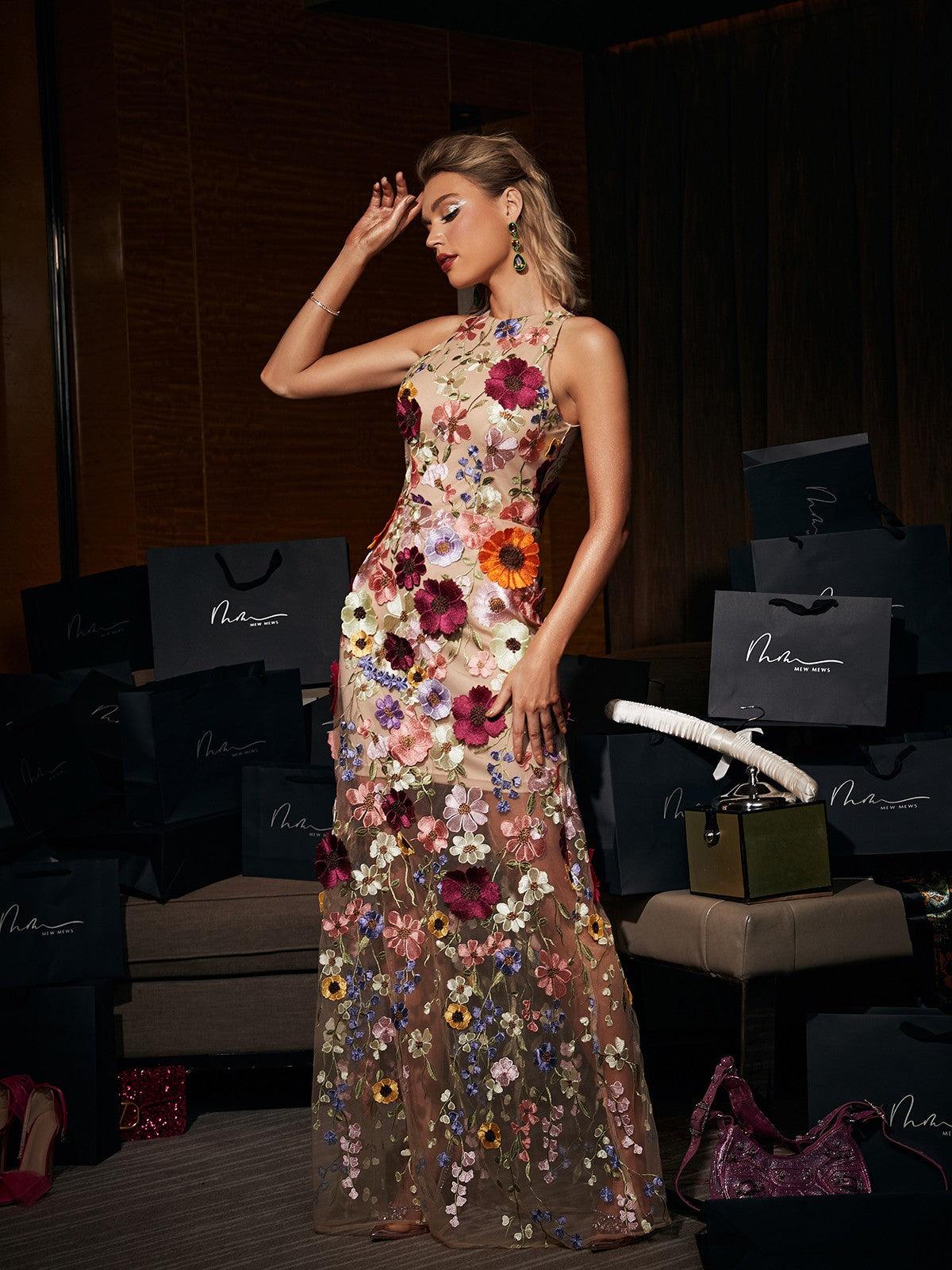 Camila | Sleeveless Floral Mesh Maxi Dress