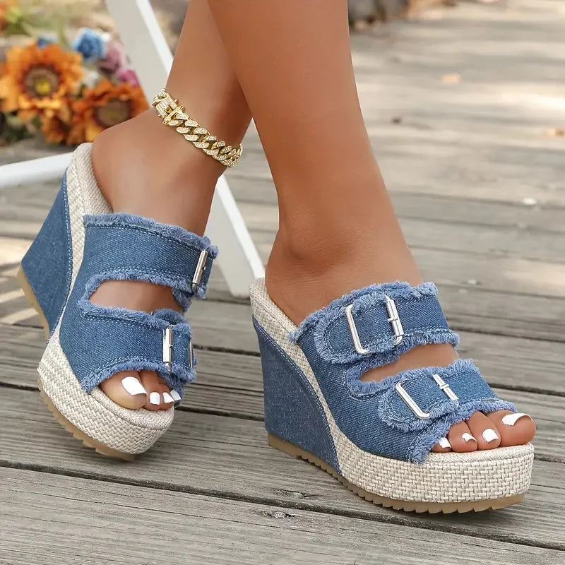 Kira | Denim Wedge Sandals
