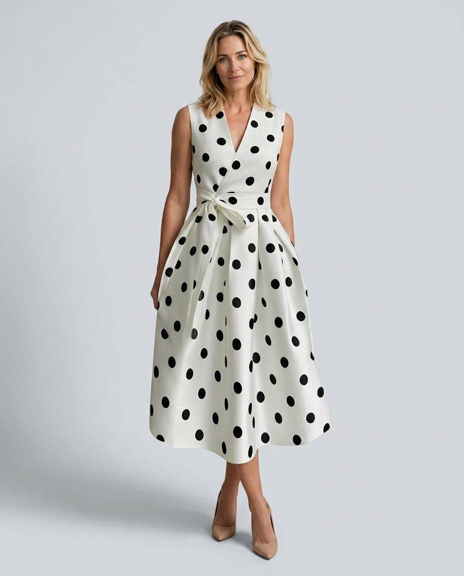 Elara | Polka Dot Wrap Midi Dress with Tie Belt