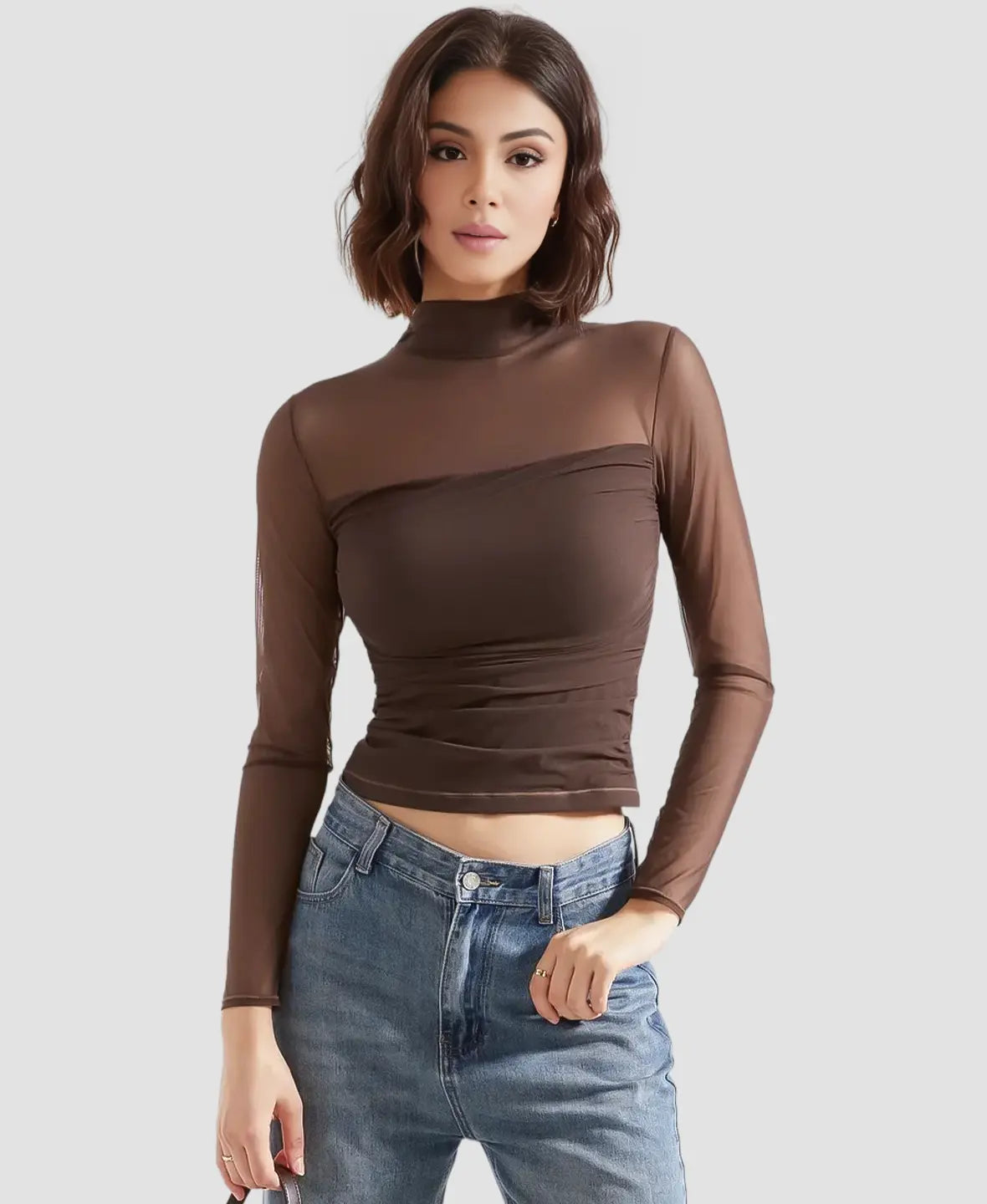 Pia | Sheer Mesh Long Sleeve Turtleneck Top