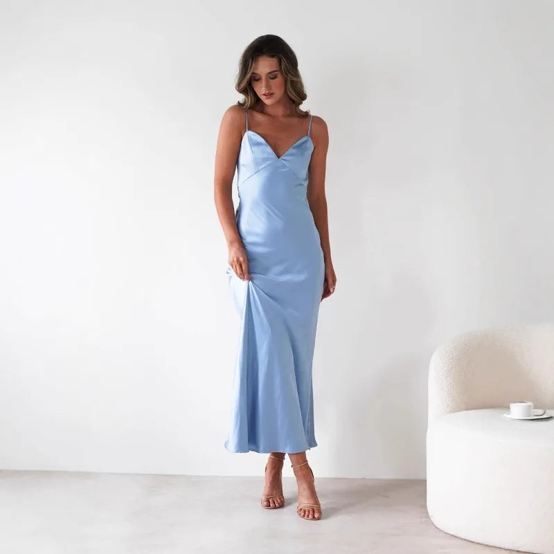 Celeste | V-Neck Satin-Look Midi Dress