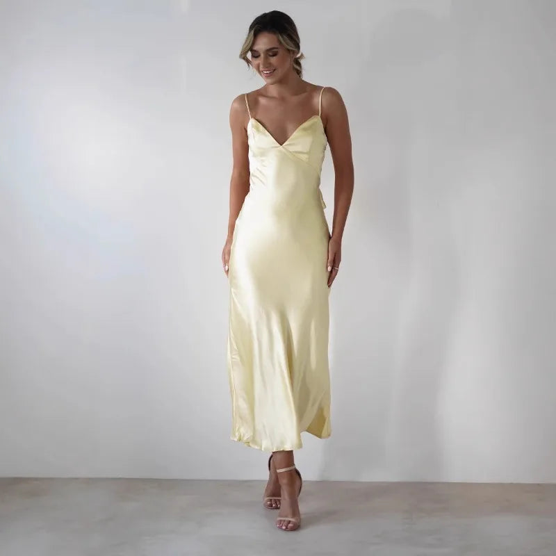 Celeste | V-Neck Satin-Look Midi Dress
