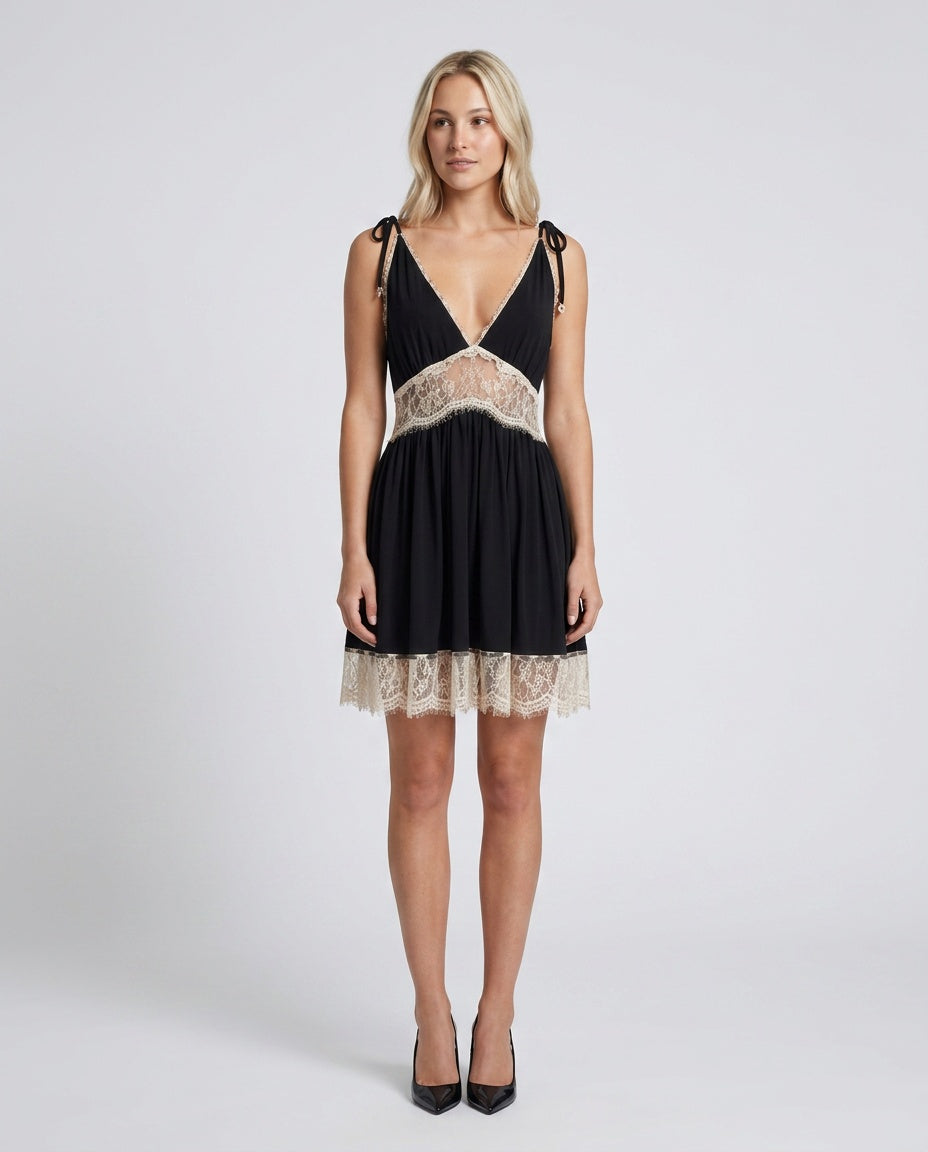 Xenia | Lace Panel Plunge Neck Mini Dress