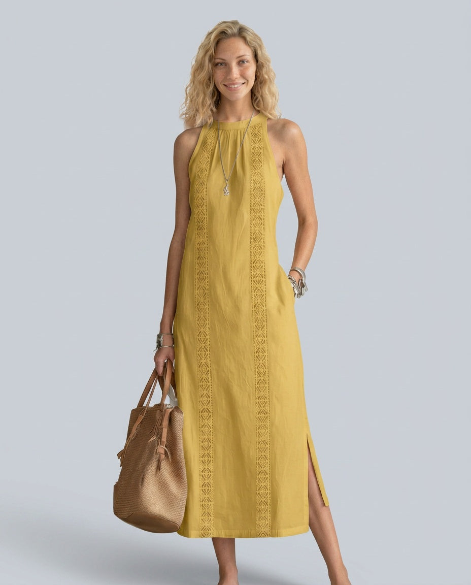 Margaux | High Neck Lace Detail Sleeveless Midi Dress