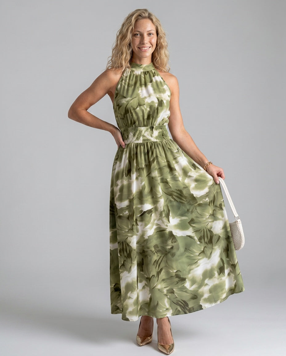 Blair | Gathered Waist Abstract Print Midi Dress