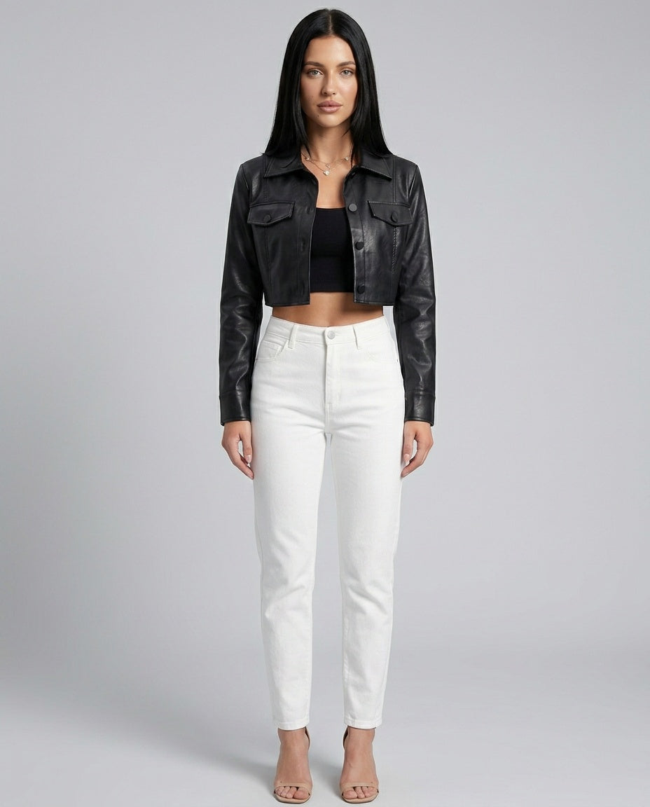 Giselle | Cropped Button-Front Faux Leather Jacket