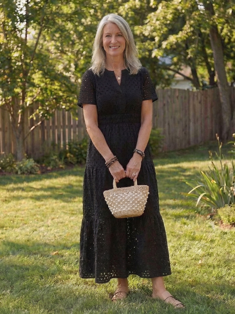 Tessa | Short Sleeve Eyelet Tiered Midi Dress