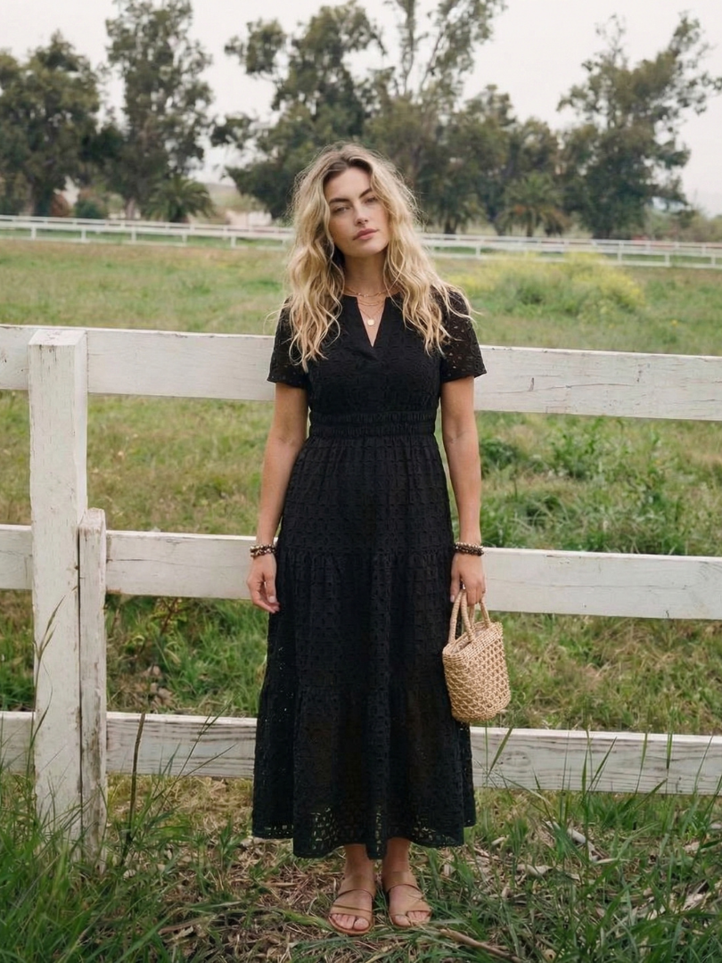 Tessa | Short Sleeve Eyelet Tiered Midi Dress
