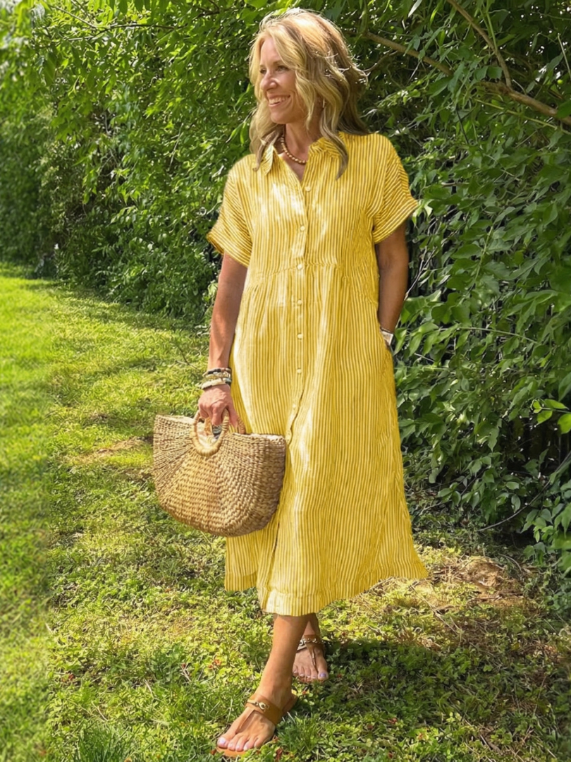 Emerson | Short Sleeve Button Front Striped Midi Dress