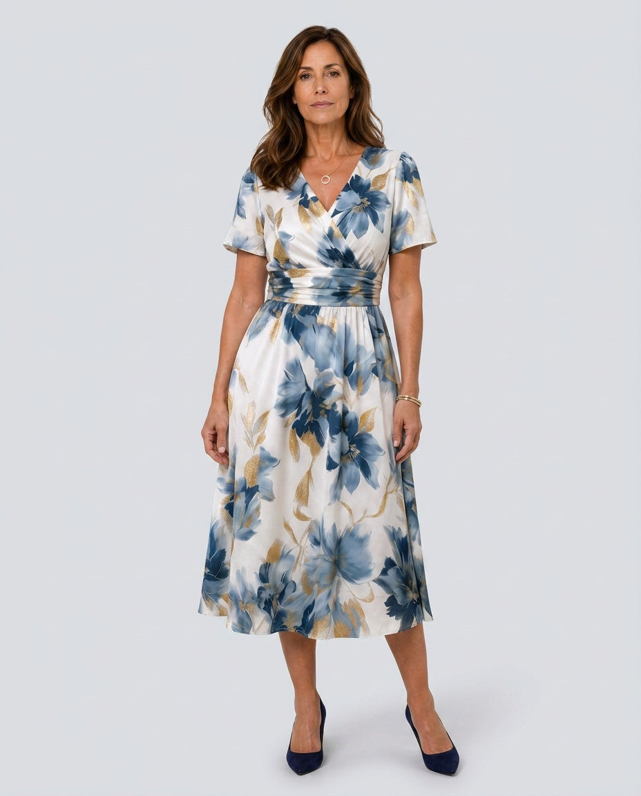 Margot | Floral Print Short Sleeve Wrap Midi Dress