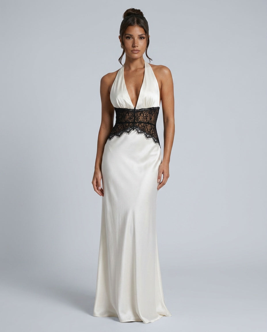 Stella | Halter Neck Lace Waist Satin-Look Maxi Dress