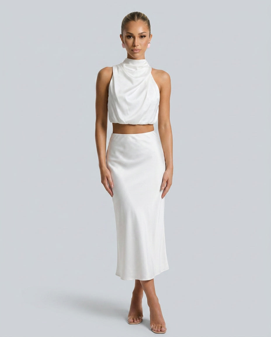 Cora | Halter Crop Top & High Waist Midi Skirt Set