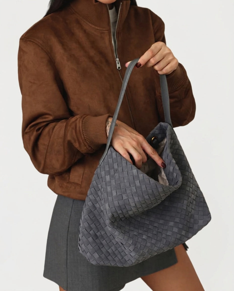Structured Faux Suede Laptop Tote Bag